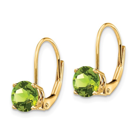 14k Yellow Gold 6mm Peridot August Birthstone Leverback Ladies Earrings - Picture 2 of 4